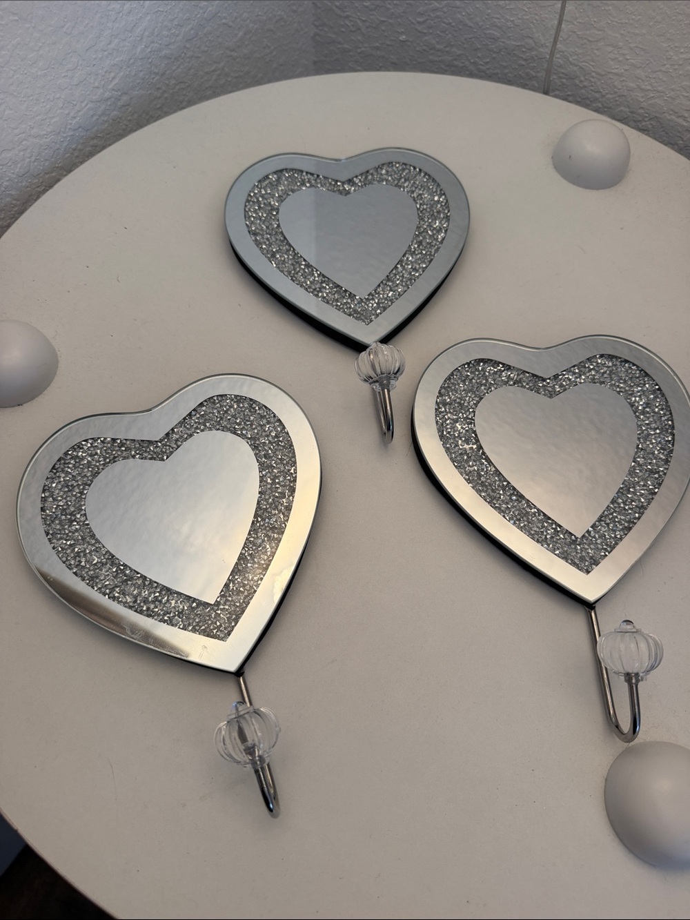 Heart-Shaped Wall Hook Set - Silver Glitter Accent Set of 3